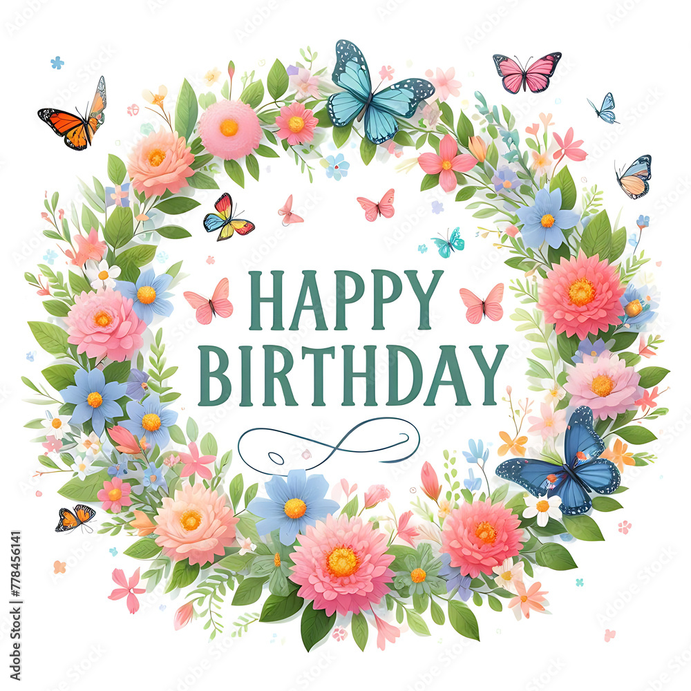 Happy Birthday Sign with flower wreath and butterflies on white background