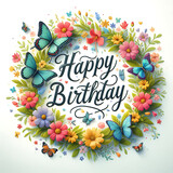 Happy Birthday Sign with flower wreath and butterflies on white background