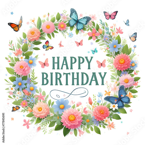Happy Birthday Sign with flower wreath and butterflies on white background