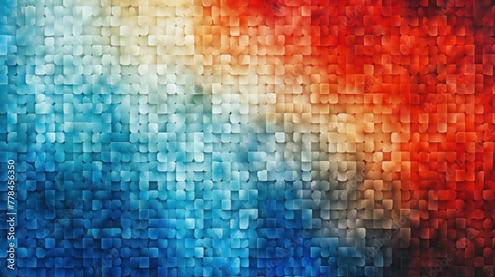 A colorful abstract piece, featuring a gradient of blue, red, and orange hues. It appears to be a mosaic of small squares, giving it a textured and intricate look. The overall effect is one of movemen