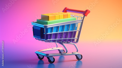 isometric illustration of shopping cart against a gradient pastels background сreated with Generative Ai