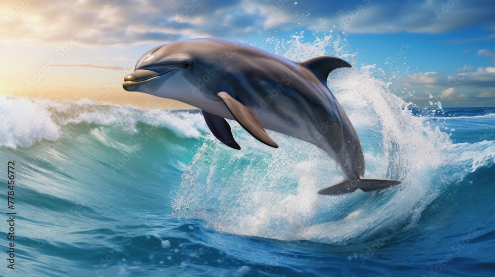 Obraz premium A dolphin jumps high out of the water, riding a wave. The sky is blue with some clouds.