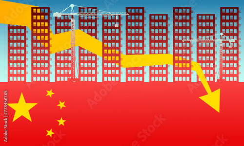 Chinese property sector crisis, financial crisis, China's Real Estate slump, flag of China and stock market decline