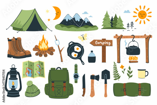 A set of items for camping and outdoor recreation. Vector graphics