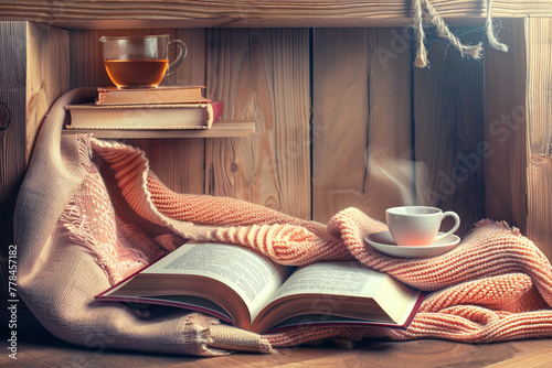 A warm, welcoming school flyer background featuring a small, cozy reading nook with an open book, a soft blanket, and a small cup of tea on a wooden shelf.