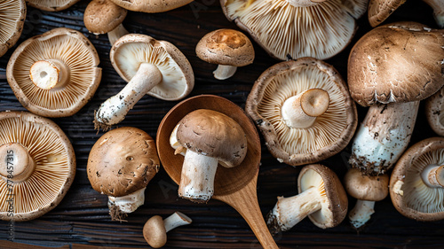 A wide shot of a wooden spoon surrounded by an array of mushrooms, including portobello, shiitake, and chanterelles, on a dark wooden backdrop, highlighting