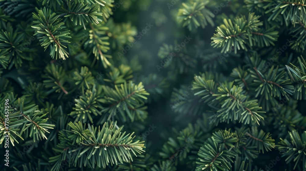 An artistic close-up of green pine tree branches, highlighting the beauty of nature