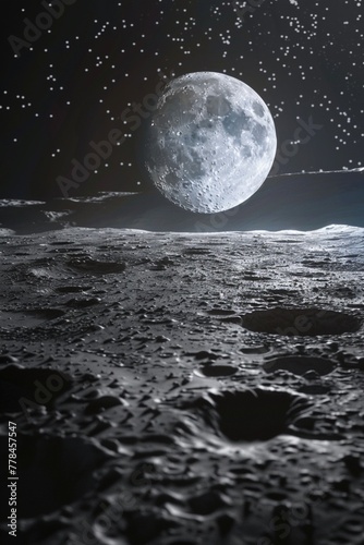 Surface of the Moon landscape. Flying over the Moon surface. Close up view. 3D Rendering