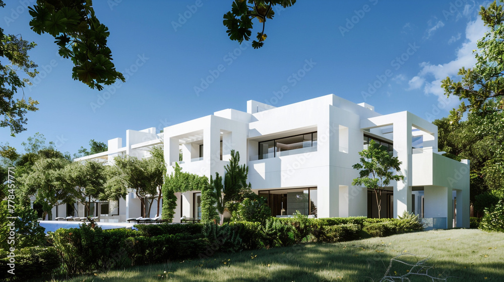 Luxurious white residence with clean architectural lines, surrounded by a tapestry of greenery under a clear blue sky, symbolizing serene opulence.