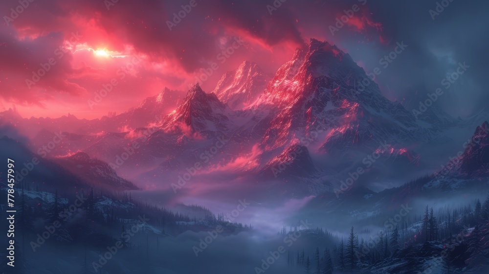 a painting of a mountain range with a red sky in the background and clouds in the foreground with trees in the foreground.