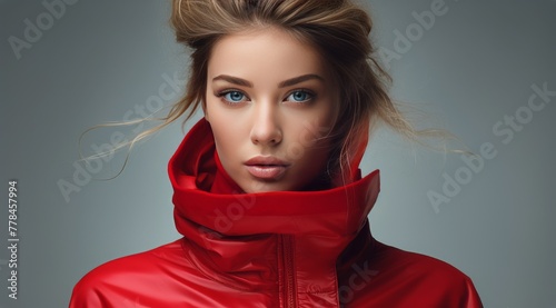 A young woman in a red jacket poses for the camera, exuding style and confidence