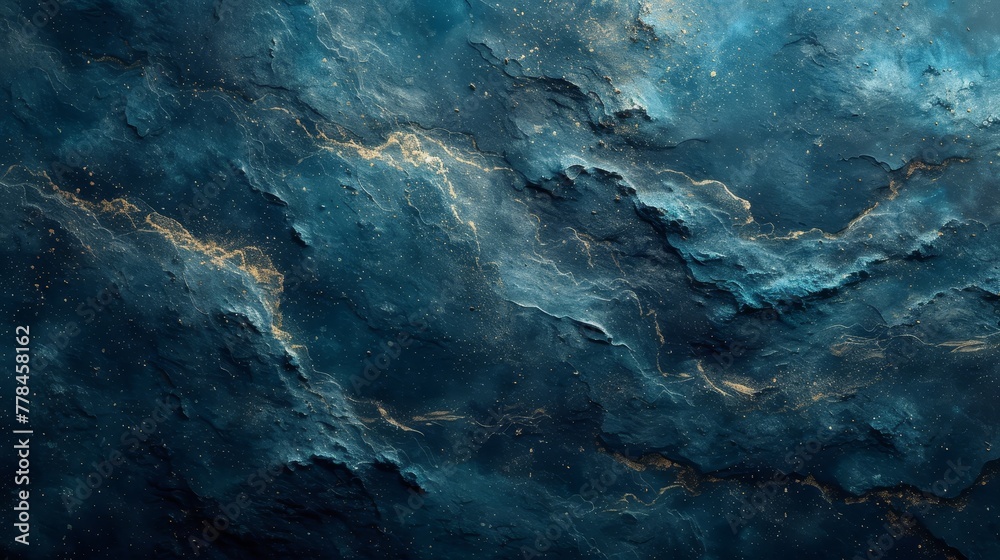 a close up of a blue and gold textured wallpaper with a black and gold design on the left side of the image.