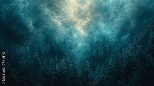a dark forest filled with lots of trees under a cloudy sky with a light shining on the top of the trees.