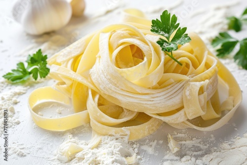 Fresh Italian Fettuccine Pasta with Flour and Parsley on White Background - Authentic Macaroni  Tagliatelle  Spaghetti  Linguine Noodles