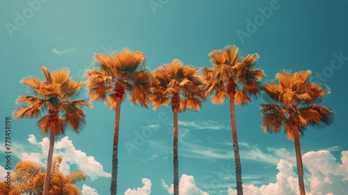 Row of Palm Trees Against Blue Sky