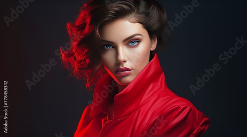 A young woman in a red jacket poses for the camera, exuding style and confidence