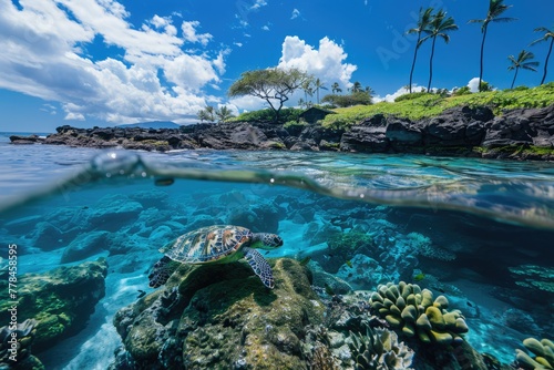 Green Sea Turtle Swimming in the Tropical Island Reef - Split over/underwater picture with blue ocean, beach, and sky