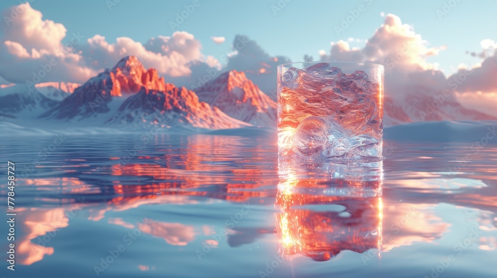 an ice cube in the middle of a body of water with mountains in the background and clouds in the sky.
