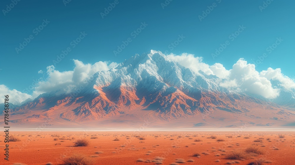 a large mountain in the middle of a desert with a blue sky and white clouds in the top of it.
