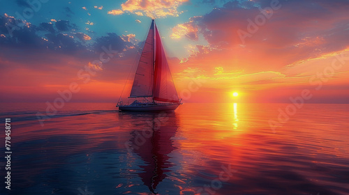 Sailboat Sailing in Ocean at Sunset
