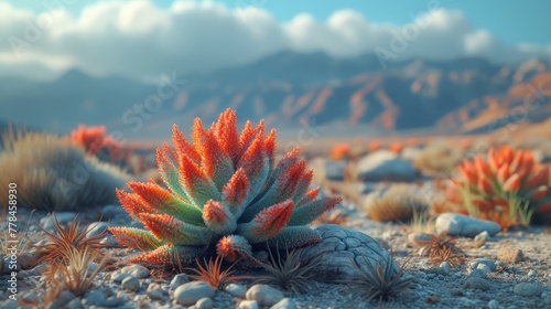 a close up of a cactus in a desert with mountains in the back ground and clouds in the sky in the background.