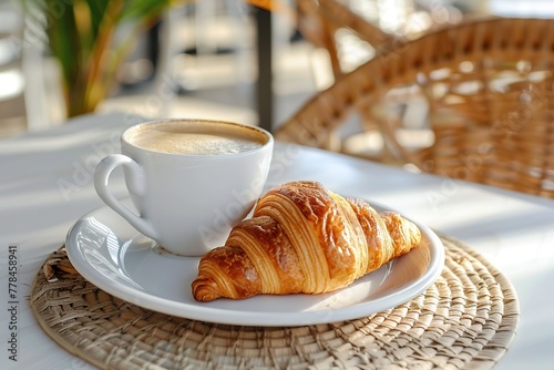 Cup of coffee and croissant on table in cafe with sunlights