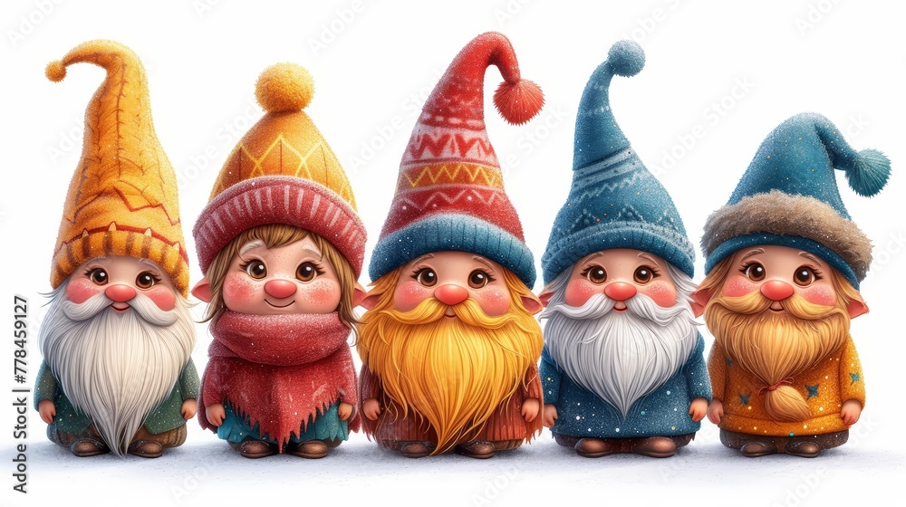 a group of gnomes standing next to each other in front of a snow covered ground with a white background.