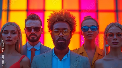 a group of people standing next to each other in front of a multicolored wall with a man wearing glasses.