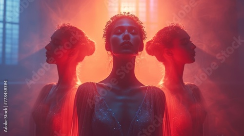 a woman standing in front of three mannequins in a room with a red light coming from behind her. photo