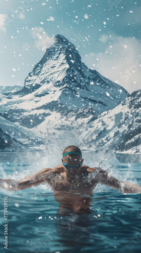 Snowy Mountain Swim: Muscular Man's Freestyle in Nature's Pool
