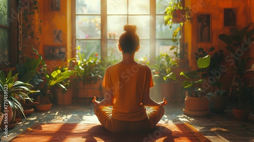 A serene scene of a businesswoman practicing yoga in a colorful office space