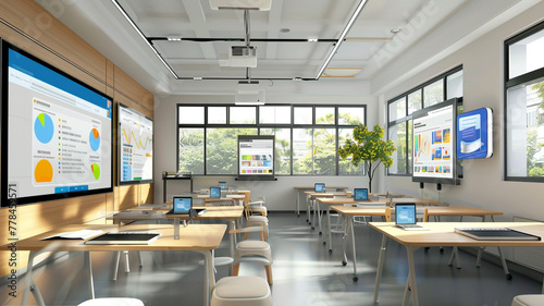 A study room equipped with AI-powered learning tools and interactive educational displays for enhanced productivity.