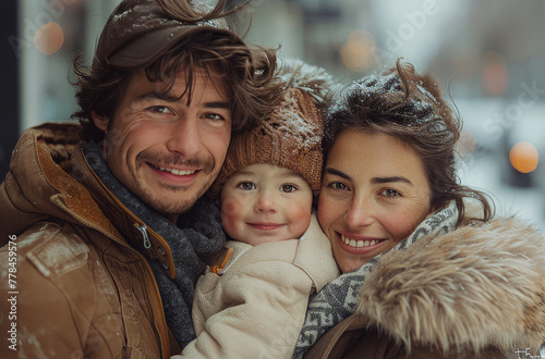 family smiles together on an urban street, displaying strong facial expressio...
