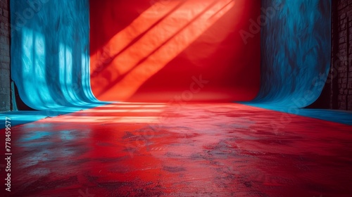 a room with a red and blue curtain and a red and blue floor with a red light coming through it. photo
