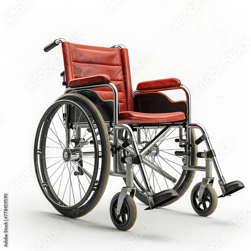 sedia a rotelle rossa per diversamente abili su sfondo bianco scontornabile photo