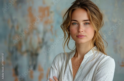 A businesswoman stands with her arms crossed, displaying confidence and deter...