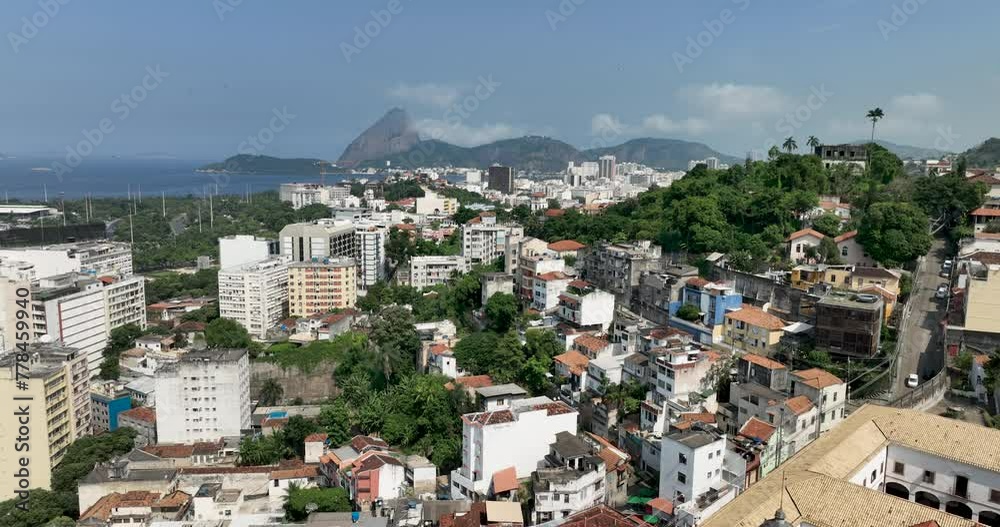 Aerial view above Santa Teresa neighborhood with winding narrow streets in Rio de Janeiro, Brazil Aerial view above Santa Teresa neighborhood with winding narrow streets in Rio de Janeiro, Brazil