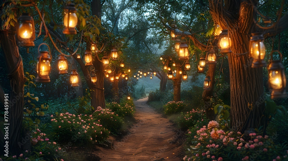 An enchanting garden transformed into a whimsical wonderland, with oversized blooms suspended from the trees and intricate pathways lined with flickering lanterns