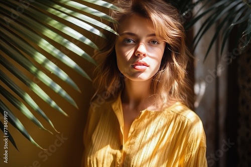 a young girl standing in the shadow of a palm leaf