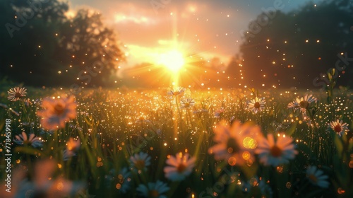 Setting Sun Casting Light on Field of Grass