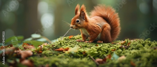 Solitary Red Squirrel in a Serene Forest Setting. Concept Wildlife Photography, Nature Observation, Forest Creatures, Solitude in Nature, Squirrel Behavior