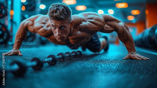 a man doing push ups on a gym floor with a barbell on one side and a barbell on the other.