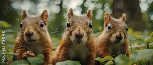 Triple Squirrel Whimsy: Nature's Curious Trio. Concept Nature Photography, Squirrel Friends, Whimsical Moments, Three Amigos, Curious Creatures