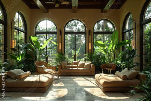 A sun-drenched conservatory filled with lush green plants, comfortable seating, and floor-to-ceiling windows, creating a tranquil indoor garden retreat.
