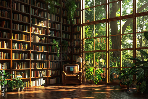 A sunlit reading nook equipped with an AI-driven book recommendation system, featuring floor-to-ceiling bookshelves and a comfortable reading chair.