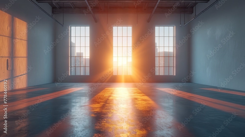 the sun is shining through the windows in an empty room with a concrete floor and a large window on the right side of the room.