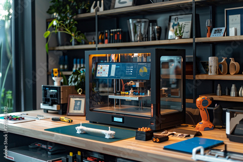 A technologically advanced home workshop with AI-guided tools and 3D printers for creative projects and DIY endeavors.