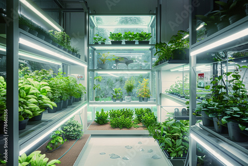 A tech-integrated greenhouse within the home, with AI-managed climate and watering systems for optimal plant growth. photo