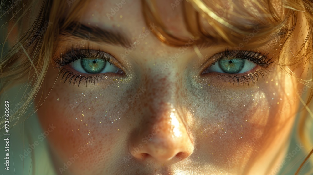 a close up of a woman's face with freckles on her face and freckles on her eyes.