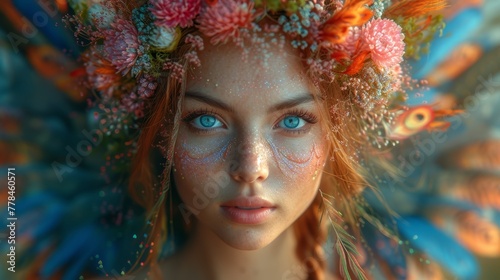 a close up of a woman with blue eyes wearing a colorful headpiece with feathers and flowers on her head.
